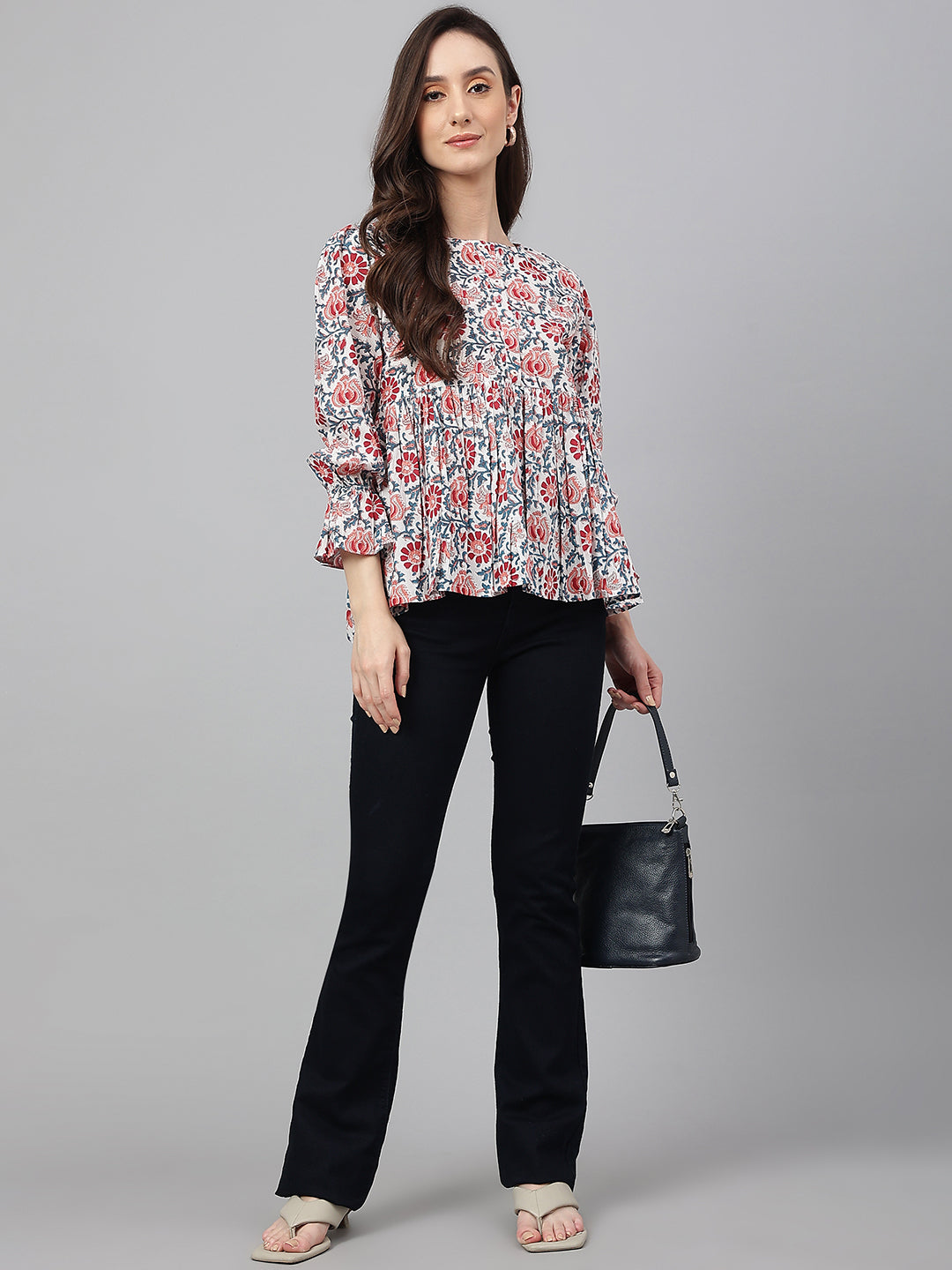 Janasya Women's White Cotton Floral Print Flared Top | Swadesiicart