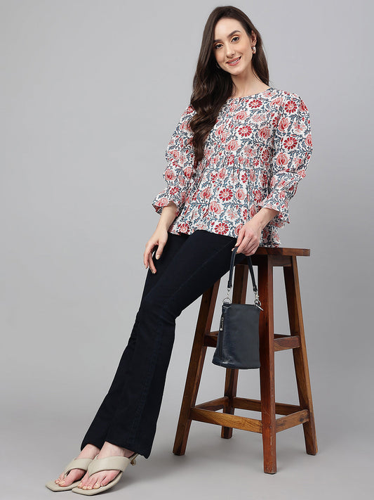 Janasya Women's White Cotton Floral Print Flared Top | Swadesiicart