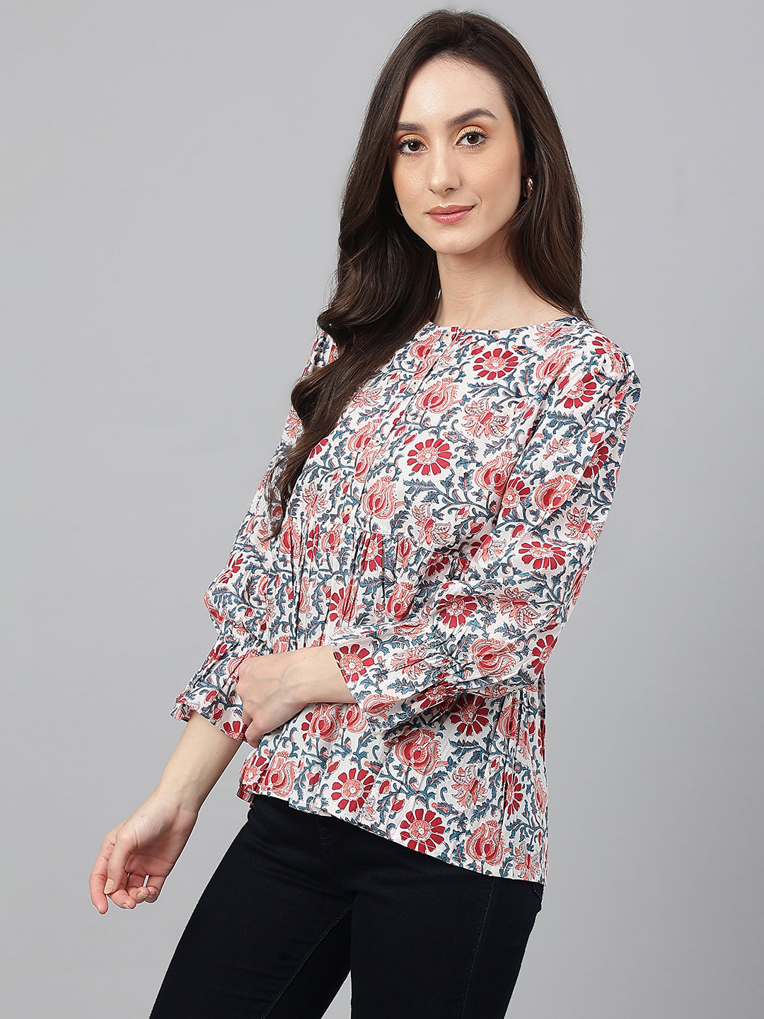 Janasya Women's White Cotton Floral Print Flared Top | Swadesiicart