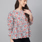 Janasya Women's White Cotton Floral Print Flared Top | Swadesiicart