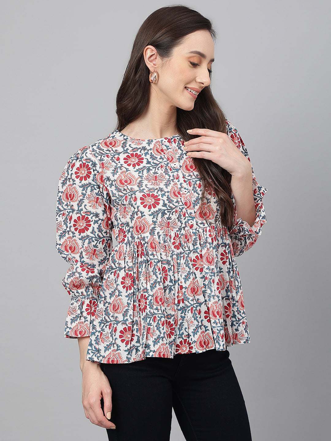 Janasya Women's White Cotton Floral Print Flared Top | Swadesiicart