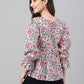 Janasya Women's White Cotton Floral Print Flared Top | Swadesiicart