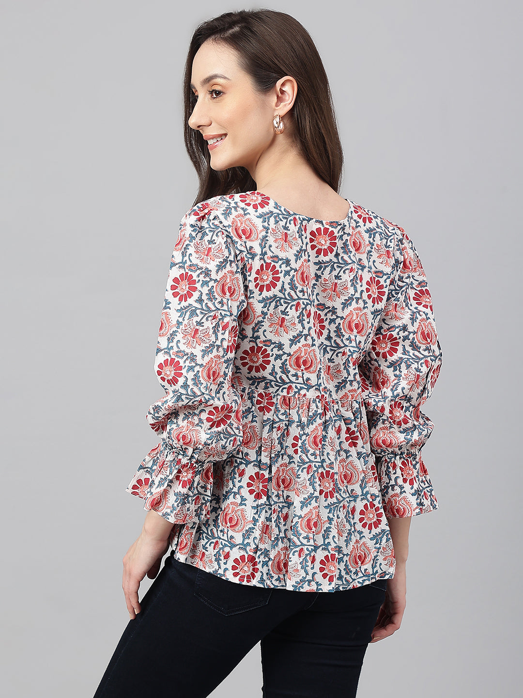 Janasya Women's White Cotton Floral Print Flared Top | Swadesiicart