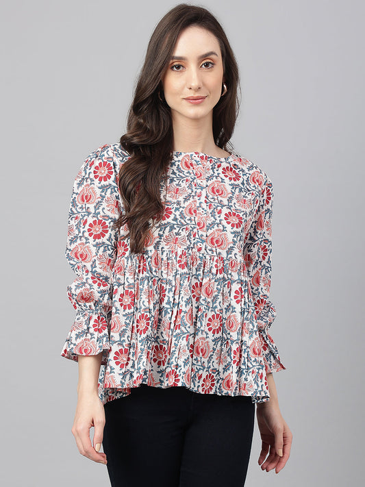 Janasya Women's White Cotton Floral Print Flared Top | Swadesiicart