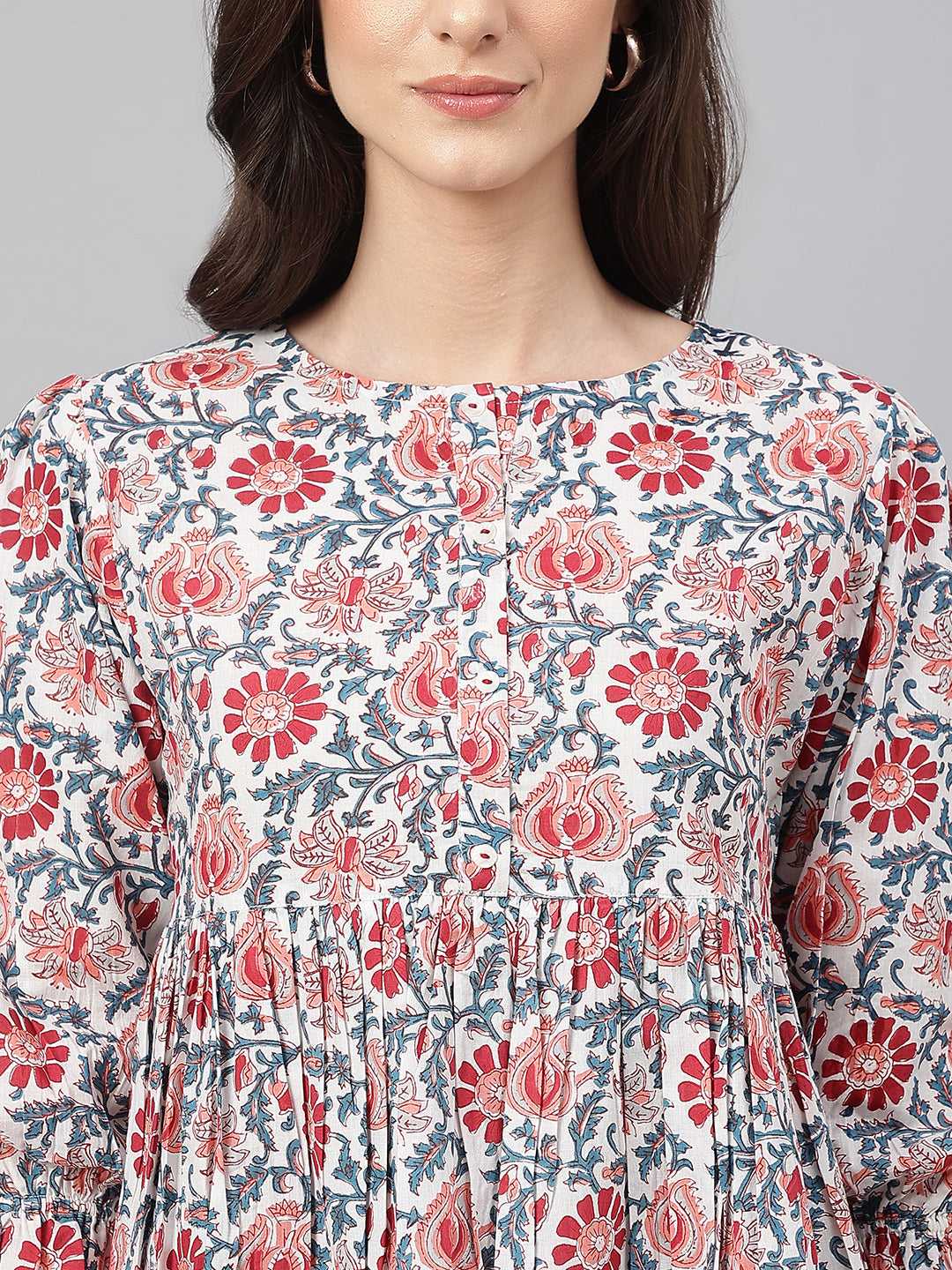 Janasya Women's White Cotton Floral Print Flared Top | Swadesiicart
