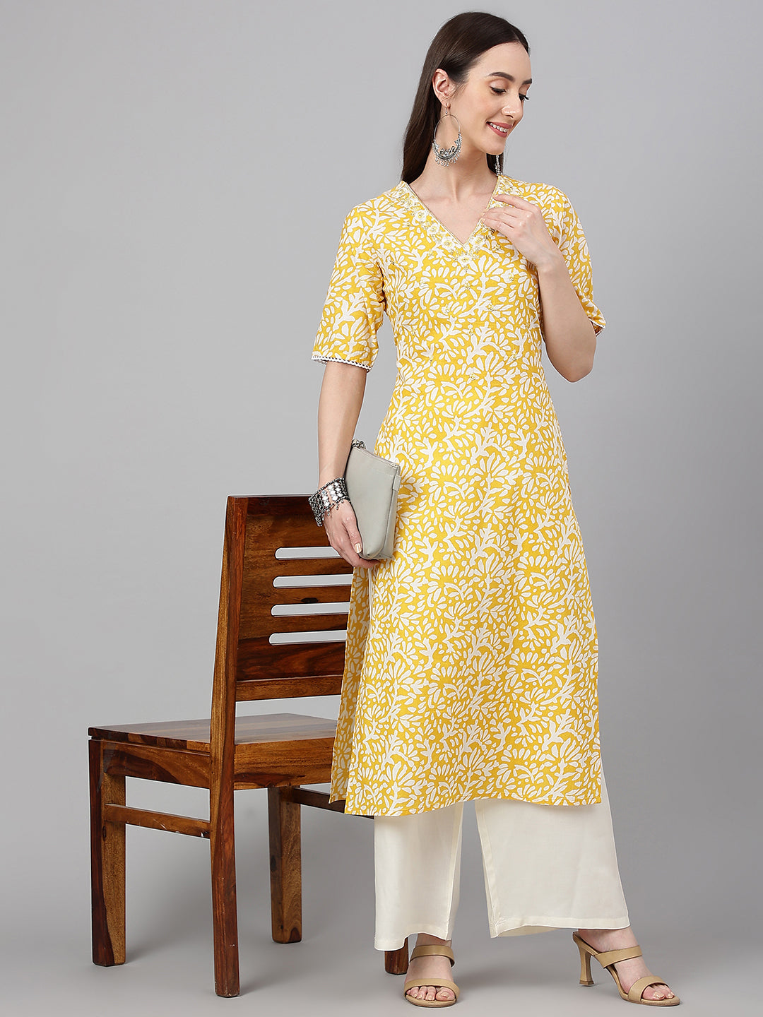 Janasya Women's Yellow Cambric Cotton Printed Casual Straight Kurta | Swadesiicart
