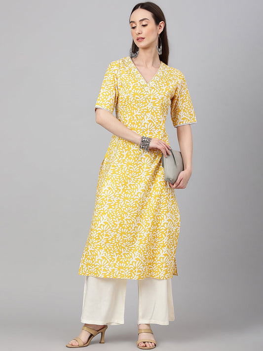 Janasya Women's Yellow Cambric Cotton Printed Casual Straight Kurta | Swadesiicart