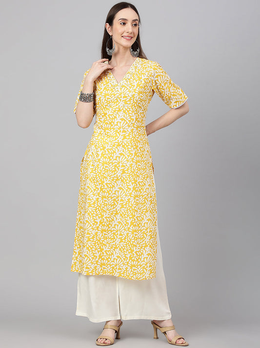 Janasya Women's Yellow Cambric Cotton Printed Casual Straight Kurta | Swadesiicart