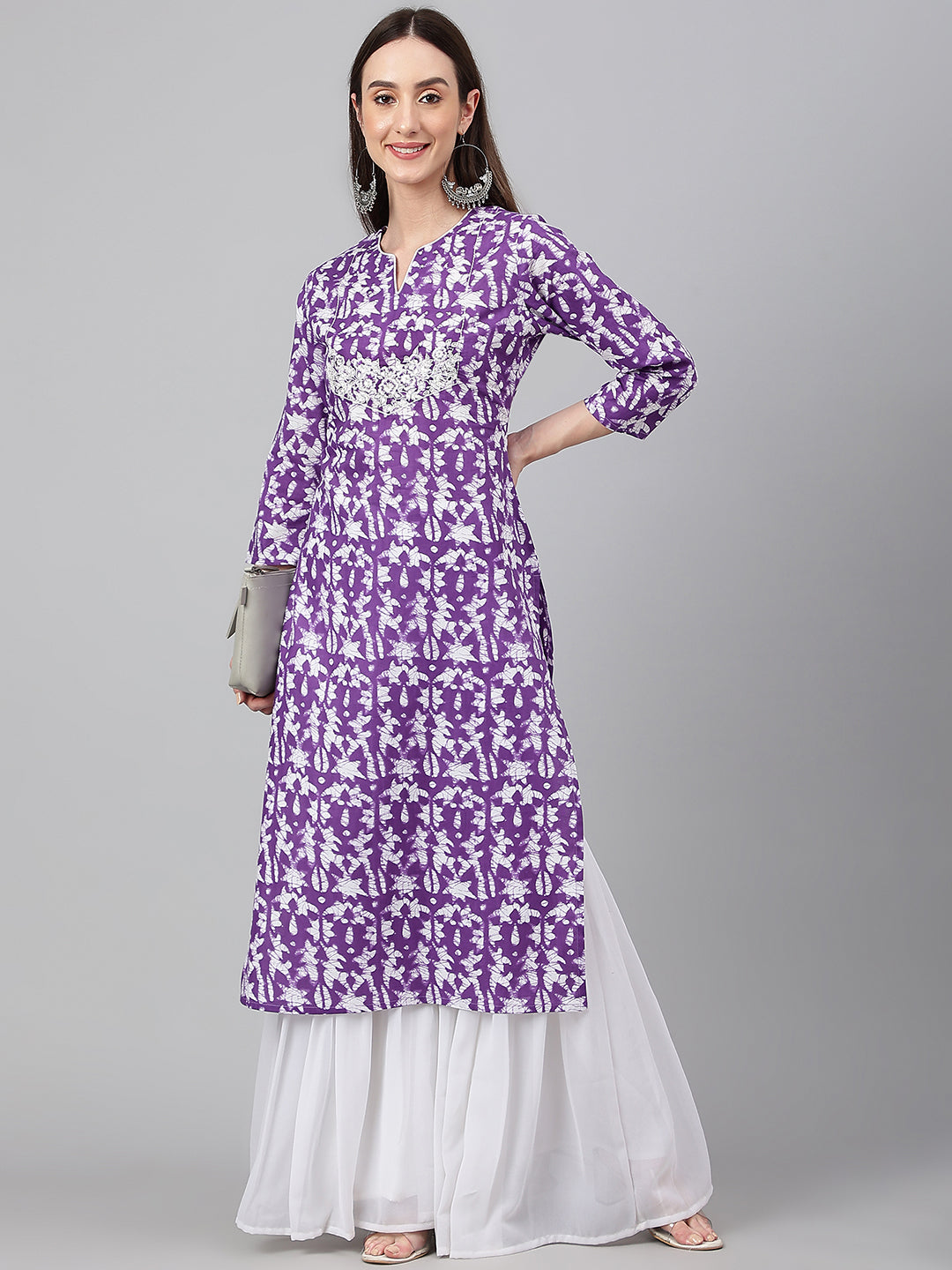 Janasya Women's Purple Cotton Batik Printed Casual Straight Kurta | Swadesiicart