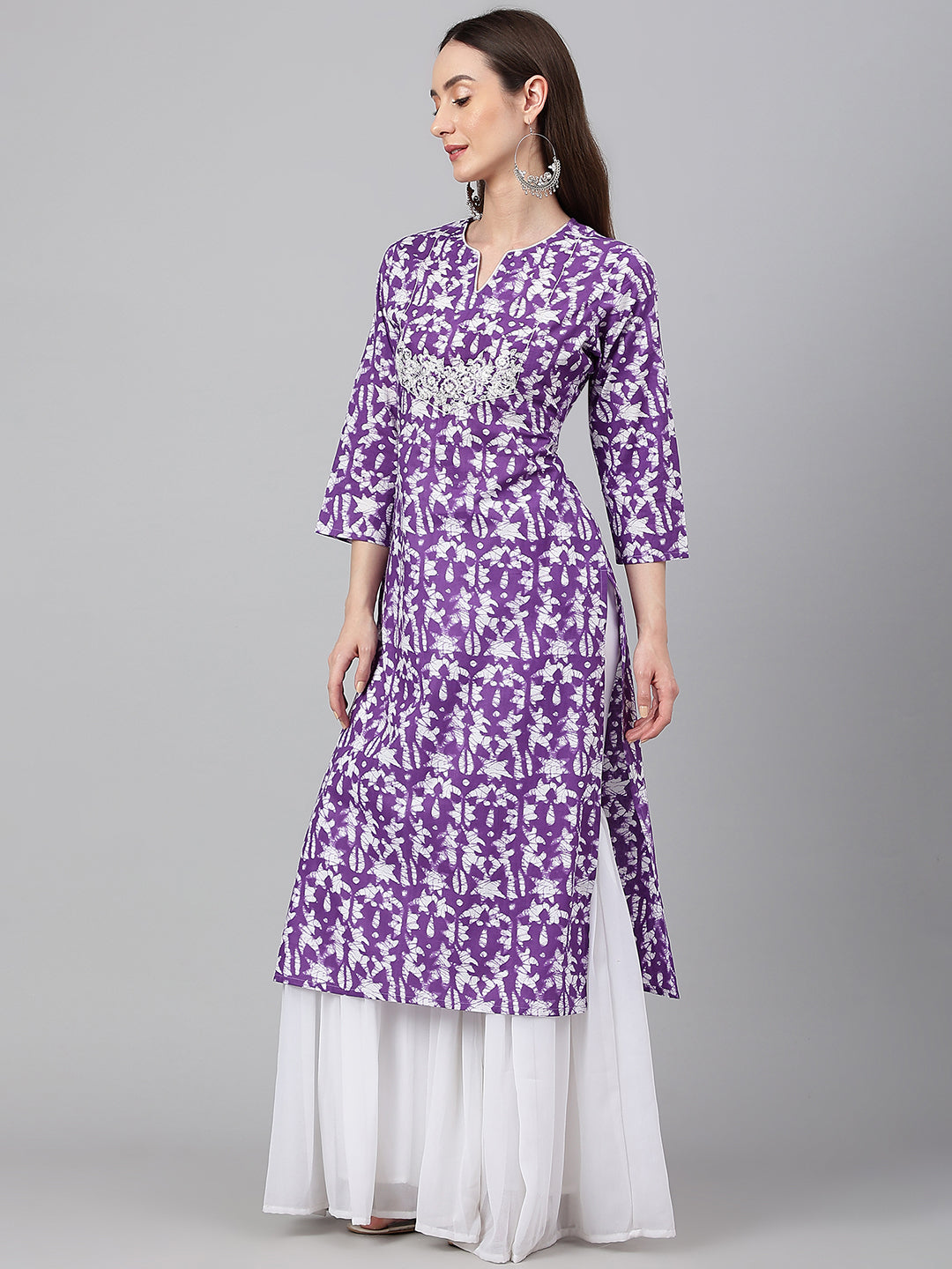 Janasya Women's Purple Cotton Batik Printed Casual Straight Kurta | Swadesiicart