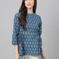 Janasya Women's Teal Cotton Floral Print Flared Top | Swadesiicart