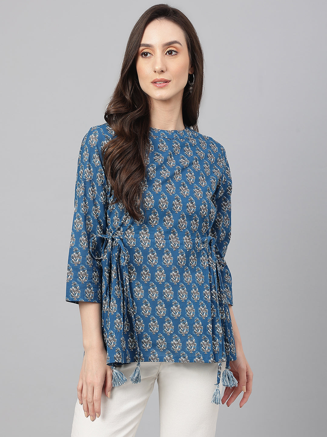 Janasya Women's Teal Cotton Floral Print Flared Top | Swadesiicart