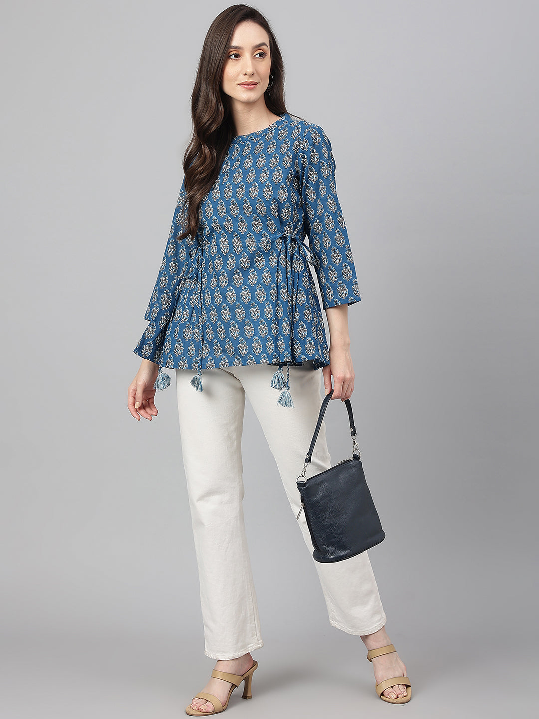 Janasya Women's Teal Cotton Floral Print Flared Top | Swadesiicart
