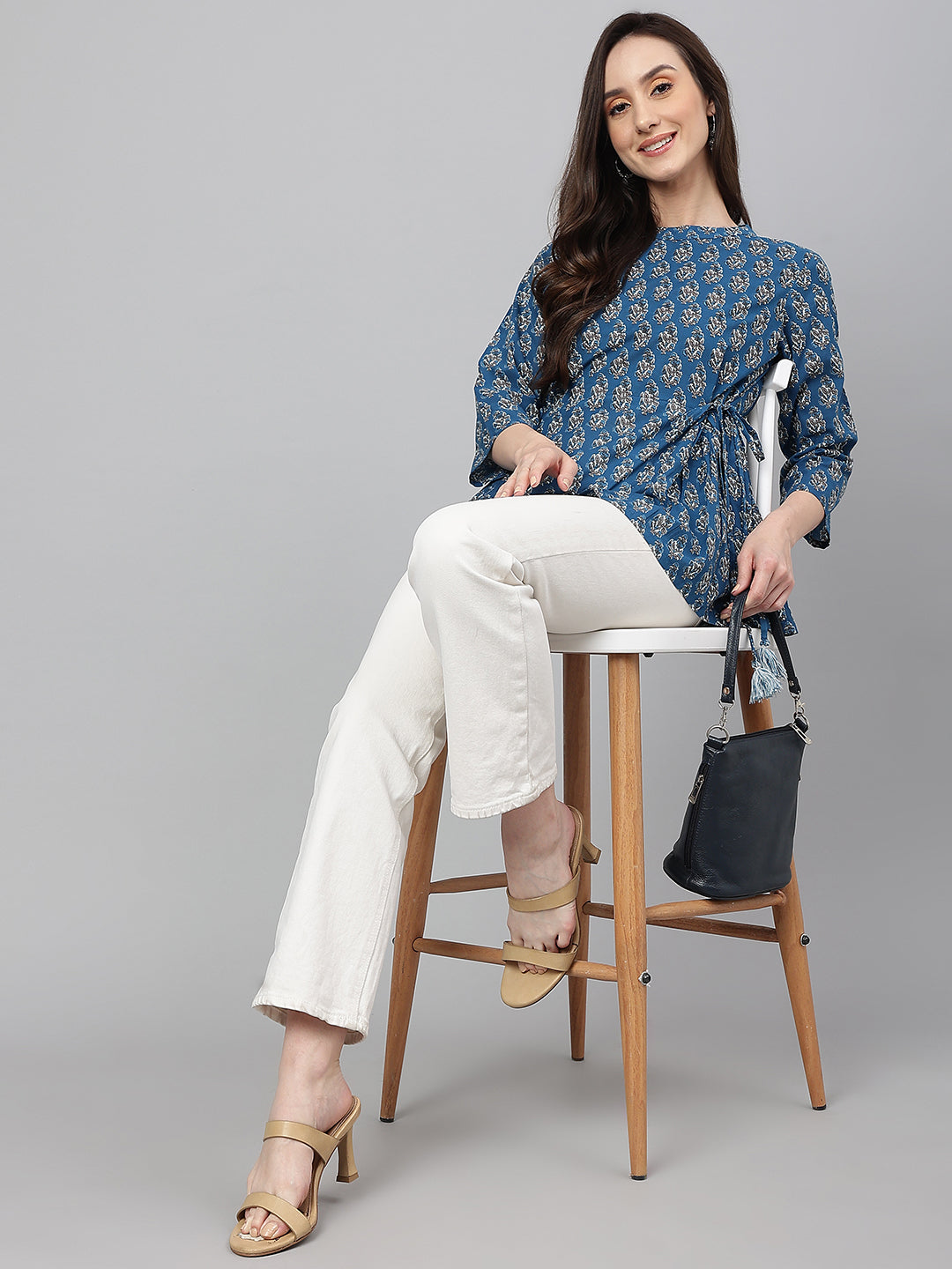 Janasya Women's Teal Cotton Floral Print Flared Top | Swadesiicart