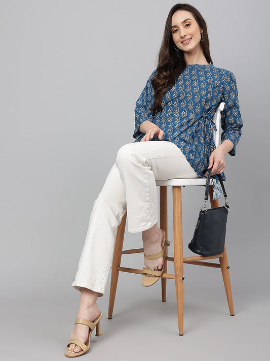 Janasya Women's Teal Cotton Floral Print Flared Top | Swadesiicart