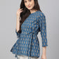 Janasya Women's Teal Cotton Floral Print Flared Top | Swadesiicart