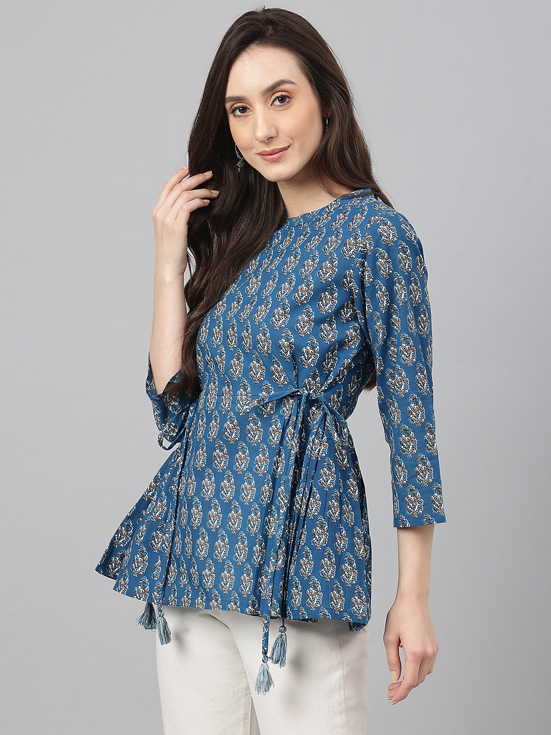 Janasya Women's Teal Cotton Floral Print Flared Top | Swadesiicart