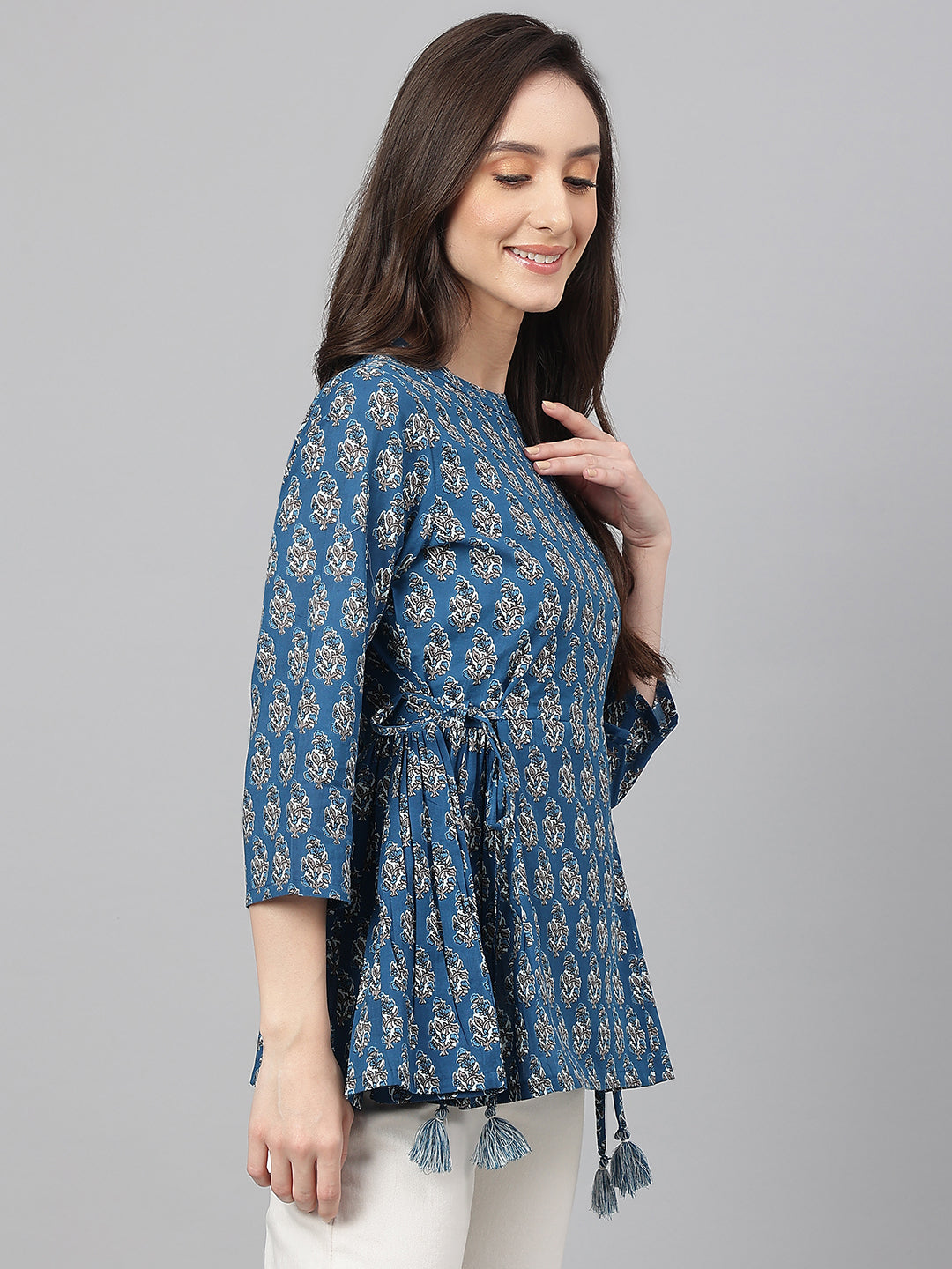 Janasya Women's Teal Cotton Floral Print Flared Top | Swadesiicart
