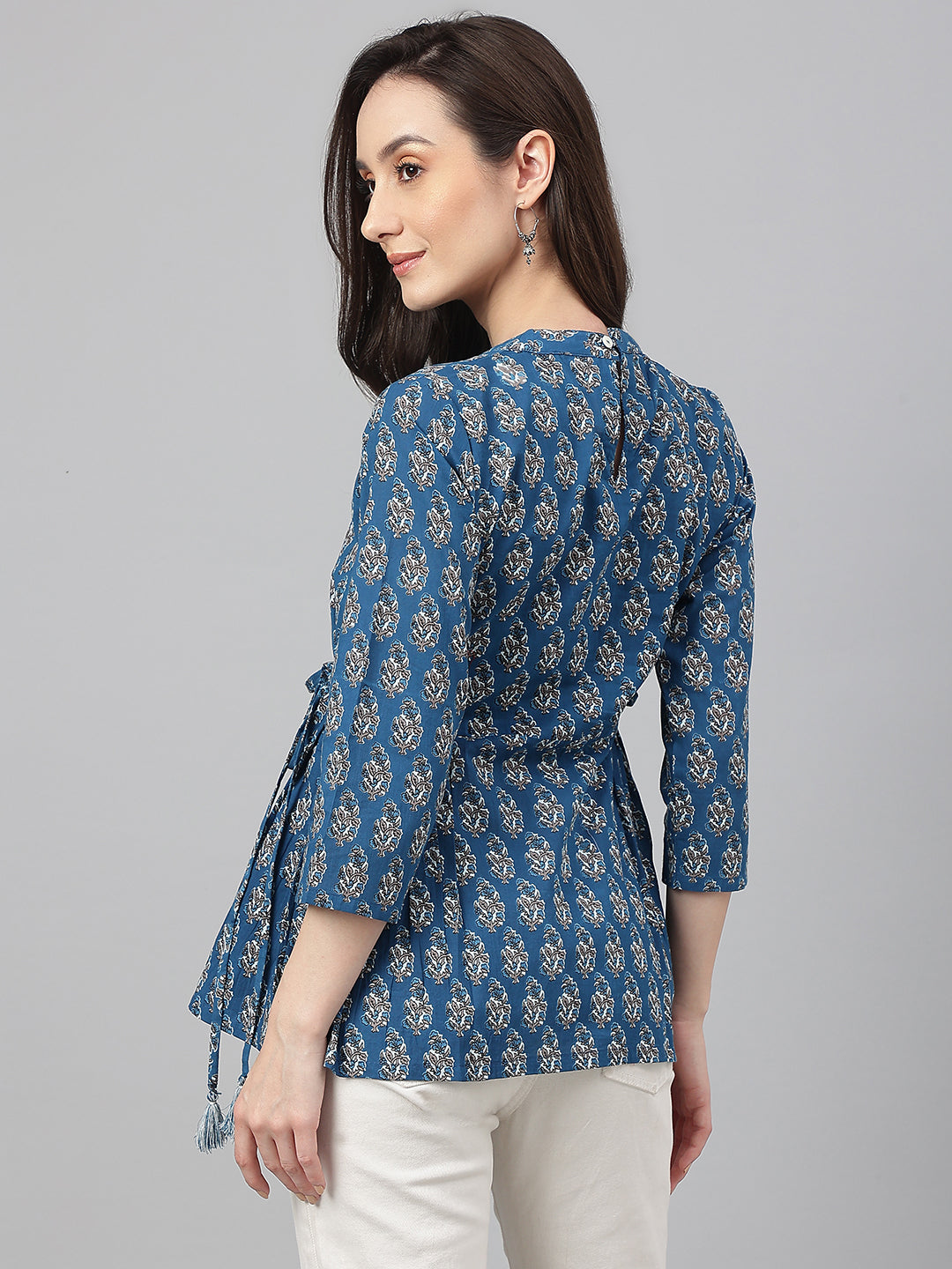 Janasya Women's Teal Cotton Floral Print Flared Top | Swadesiicart