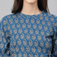 Janasya Women's Teal Cotton Floral Print Flared Top | Swadesiicart