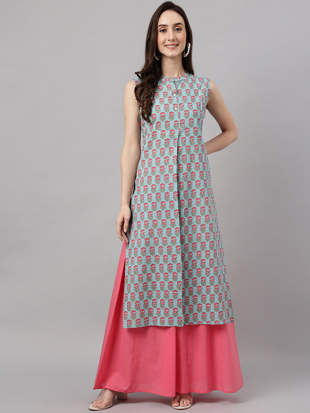 Janasya Women's Aqua Blue Cotton Botanical Printed Casual Straight Kurta | Swadesiicart