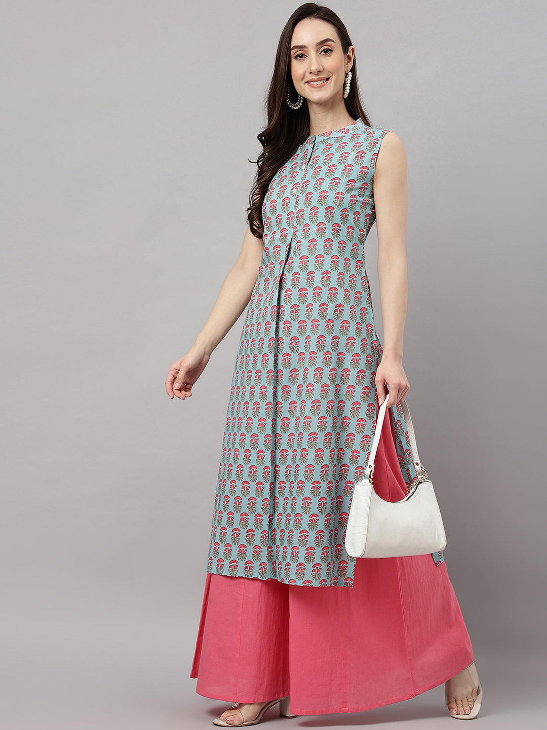 Janasya Women's Aqua Blue Cotton Botanical Printed Casual Straight Kurta | Swadesiicart