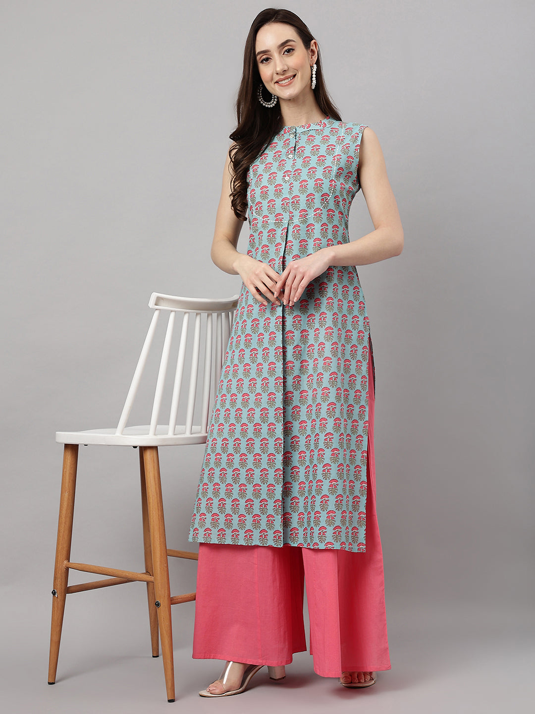 Janasya Women's Aqua Blue Cotton Botanical Printed Casual Straight Kurta | Swadesiicart