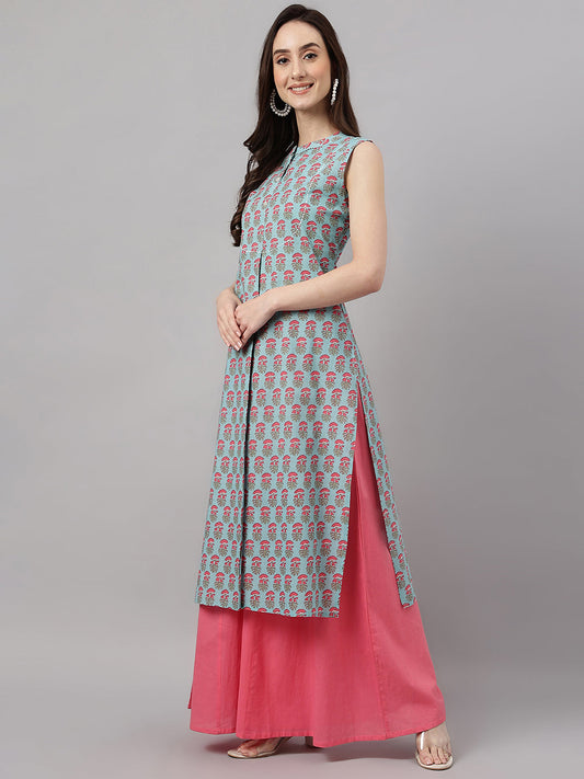 Janasya Women's Aqua Blue Cotton Botanical Printed Casual Straight Kurta | Swadesiicart