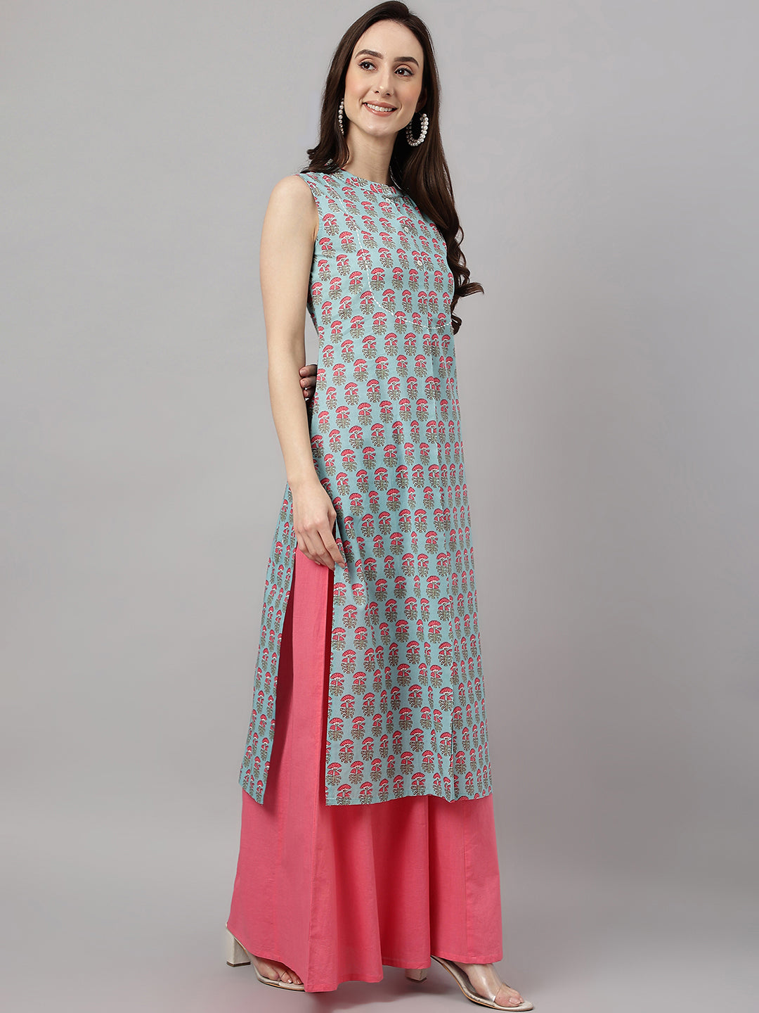 Janasya Women's Aqua Blue Cotton Botanical Printed Casual Straight Kurta | Swadesiicart