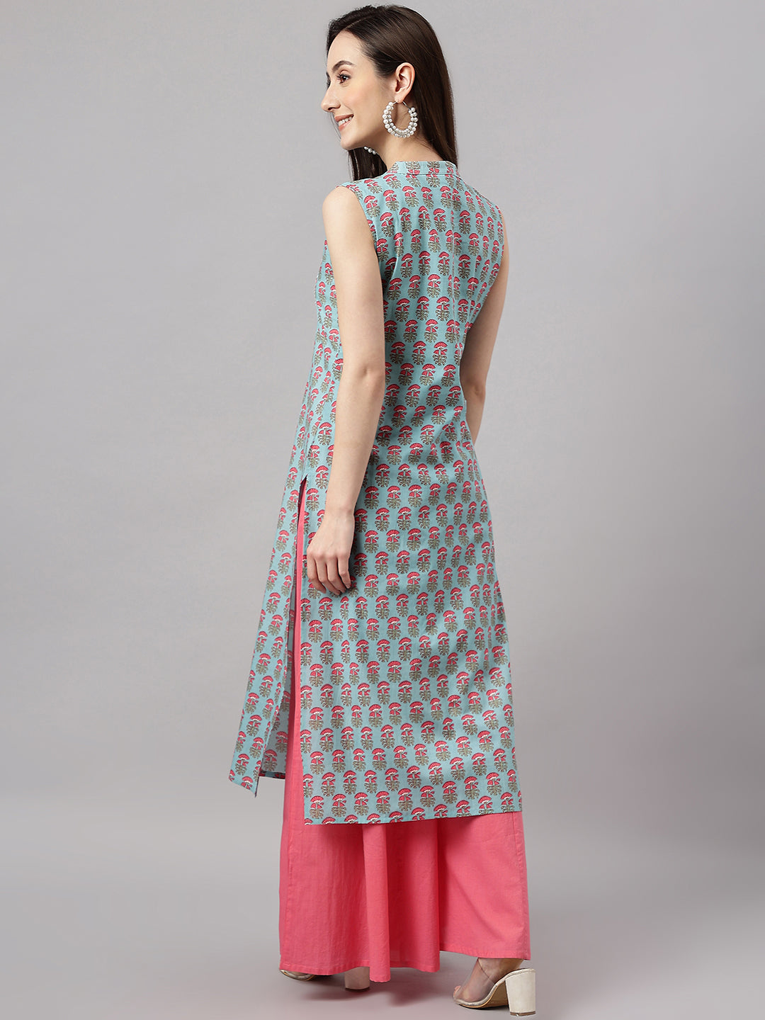 Janasya Women's Aqua Blue Cotton Botanical Printed Casual Straight Kurta | Swadesiicart