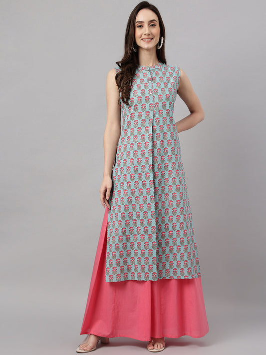 Janasya Women's Aqua Blue Cotton Botanical Printed Casual Straight Kurta | Swadesiicart