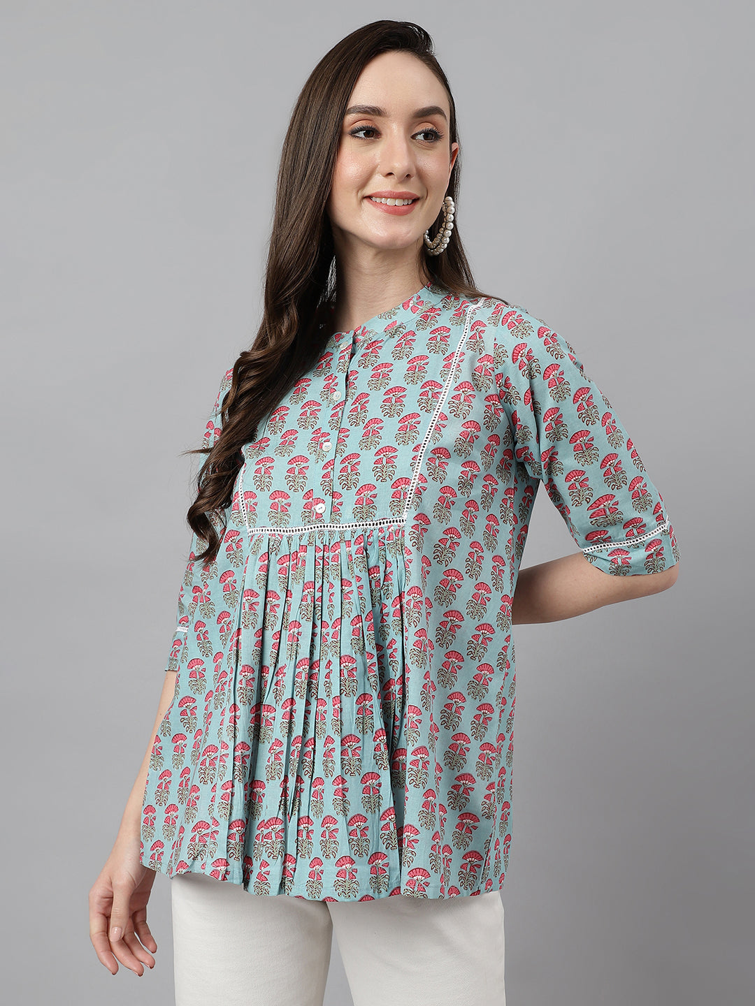 Janasya Women's Aqua Blue Cotton Floral Print A-Line Top | Swadesiicart