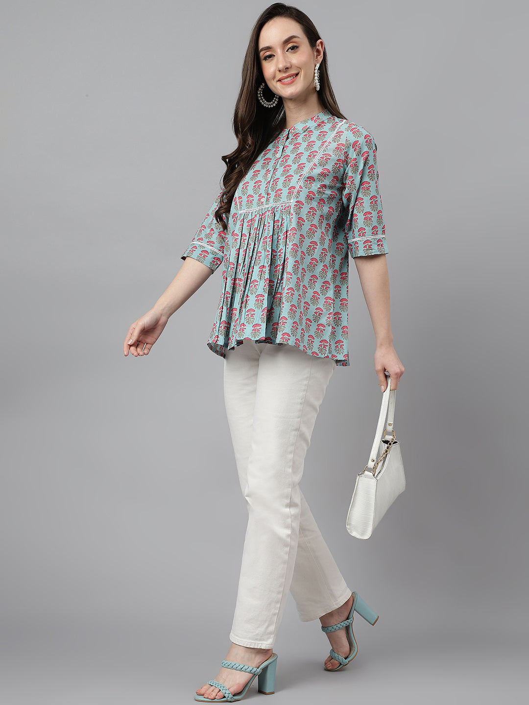Janasya Women's Aqua Blue Cotton Floral Print A-Line Top | Swadesiicart