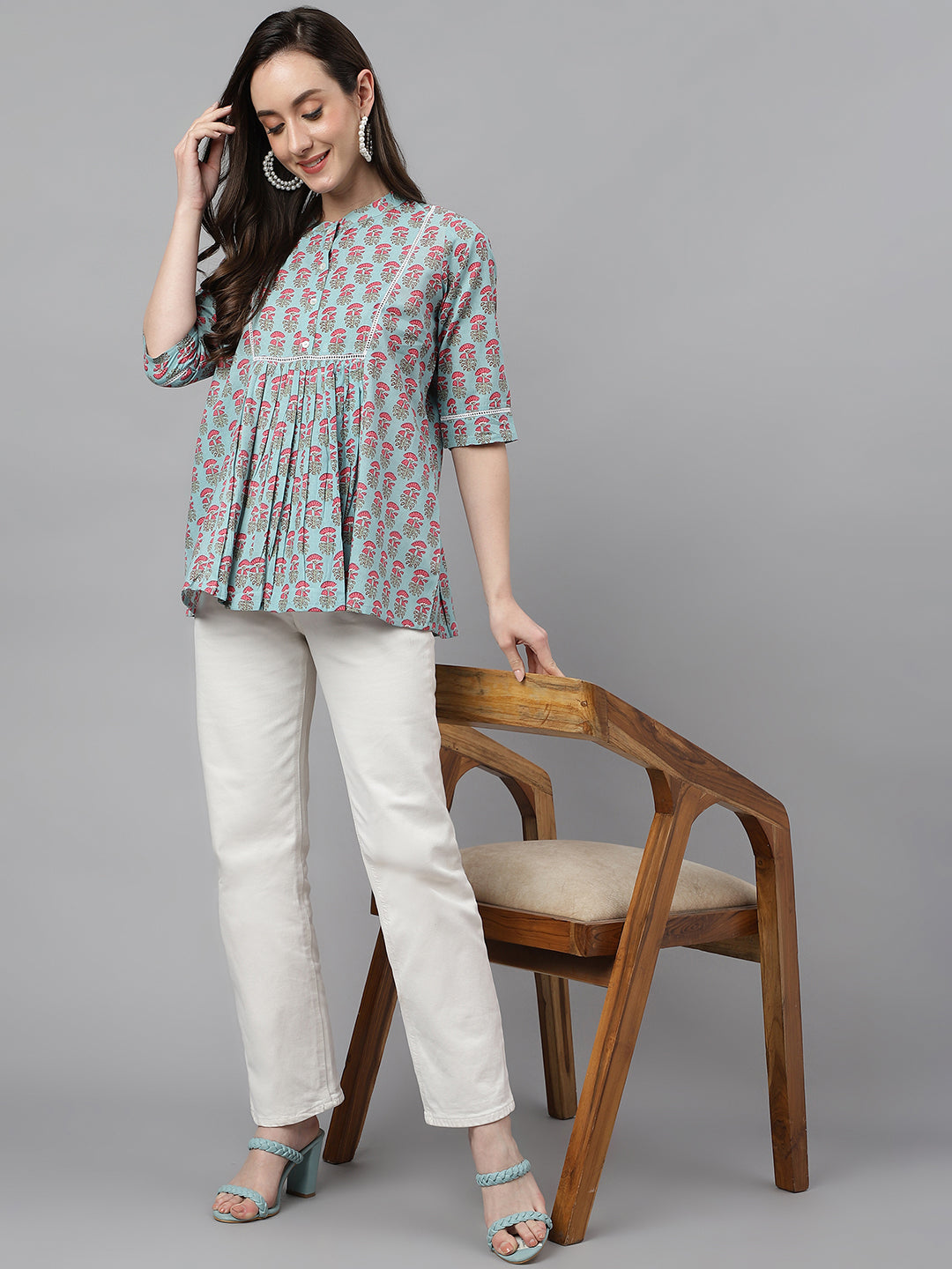 Janasya Women's Aqua Blue Cotton Floral Print A-Line Top | Swadesiicart