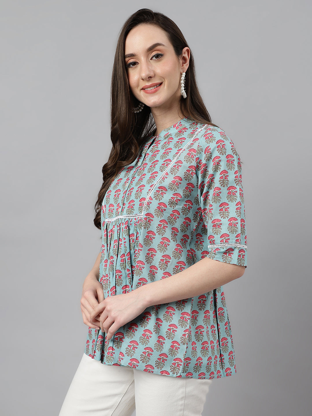 Janasya Women's Aqua Blue Cotton Floral Print A-Line Top | Swadesiicart