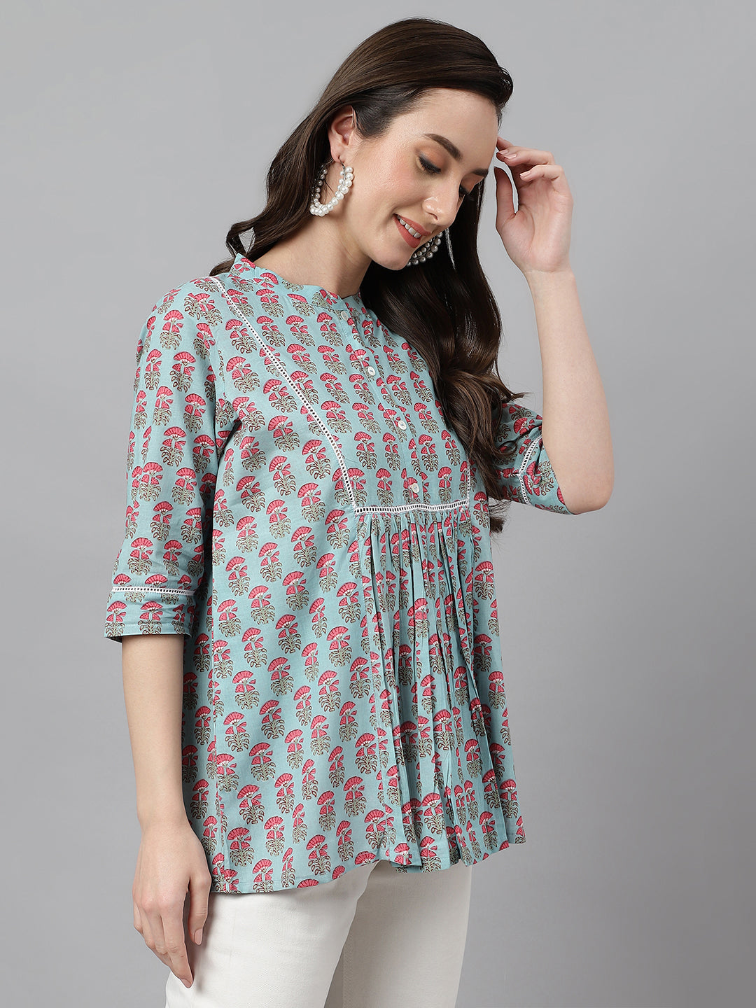 Janasya Women's Aqua Blue Cotton Floral Print A-Line Top | Swadesiicart
