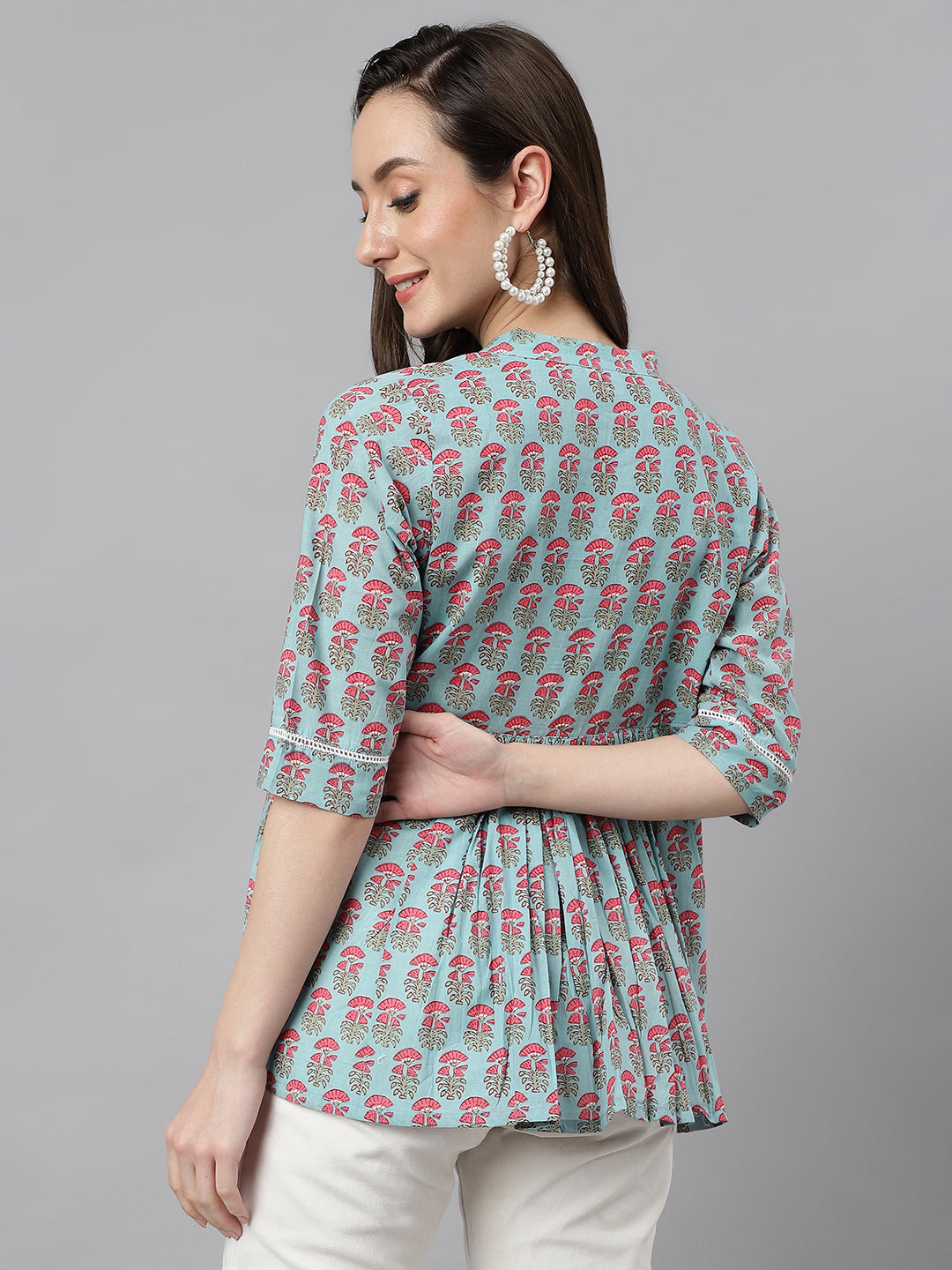 Janasya Women's Aqua Blue Cotton Floral Print A-Line Top | Swadesiicart