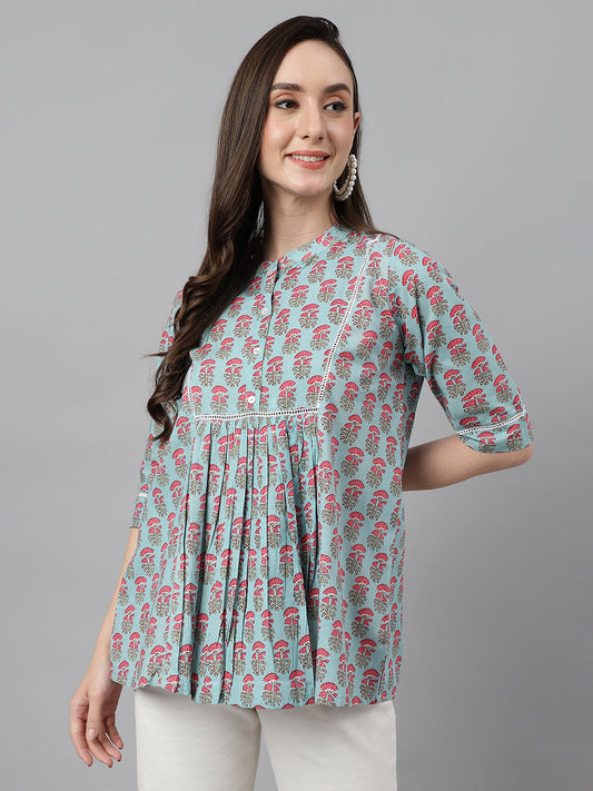 Janasya Women's Aqua Blue Cotton Floral Print A-Line Top | Swadesiicart