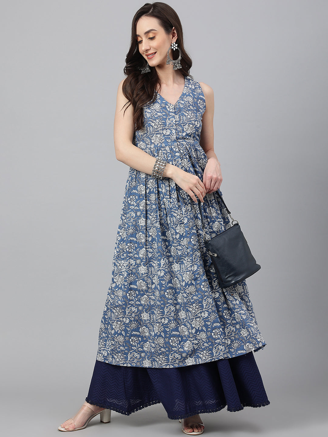 Janasya Women's Blue Cotton Floral Printed Casual Flared Kurta - Swadesiicart