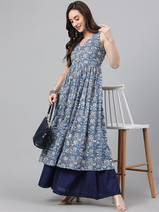 Janasya Women's Blue Cotton Floral Printed Casual Flared Kurta - Swadesiicart