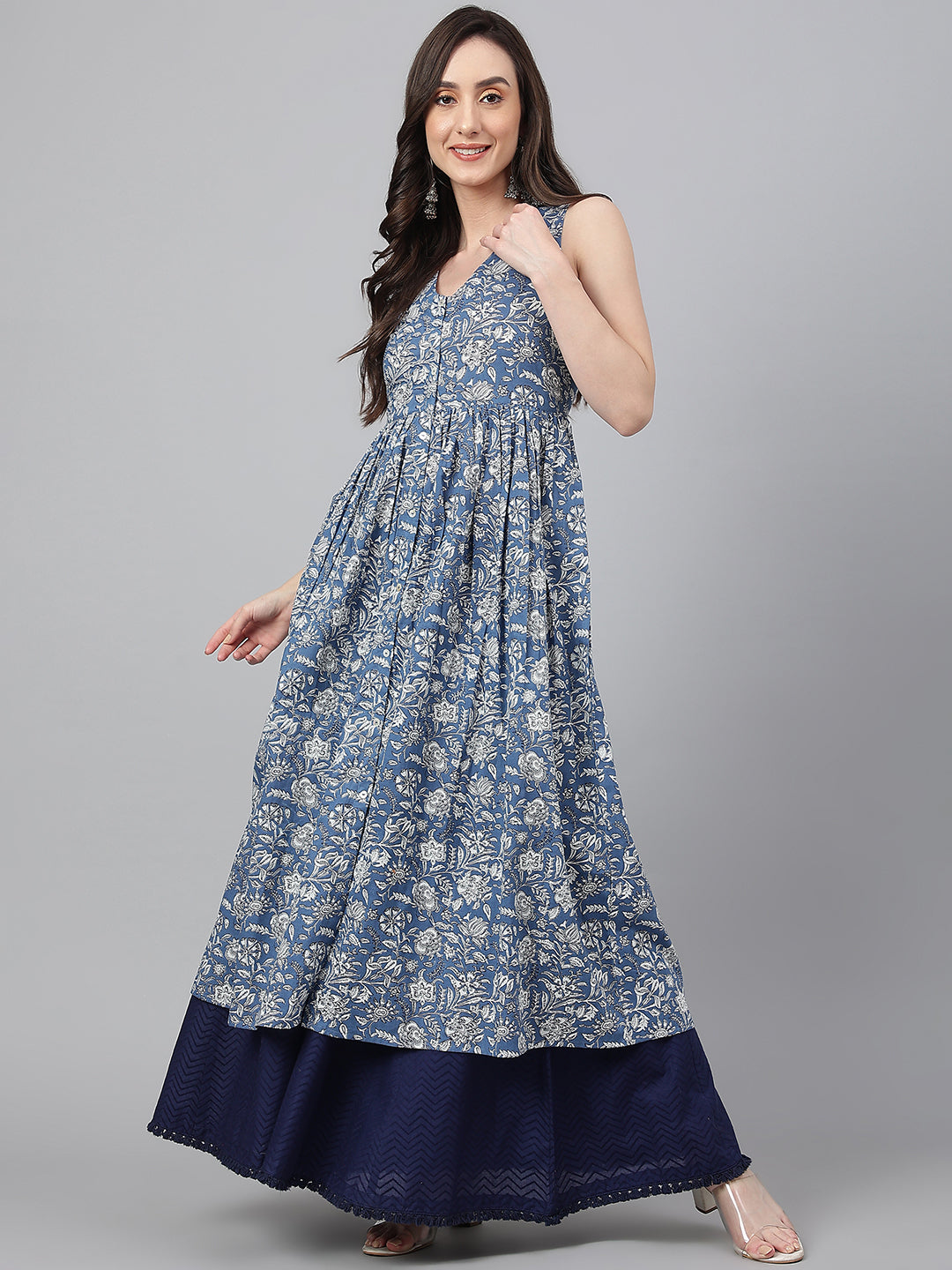 Janasya Women's Blue Cotton Floral Printed Casual Flared Kurta - Swadesiicart