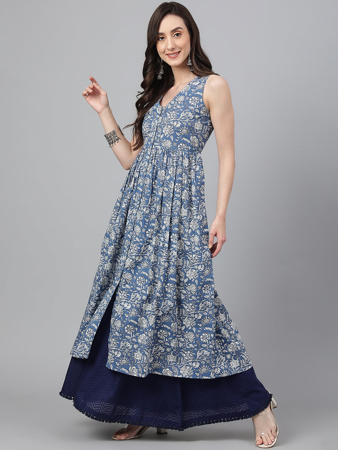 Janasya Women's Blue Cotton Floral Printed Casual Flared Kurta - Swadesiicart