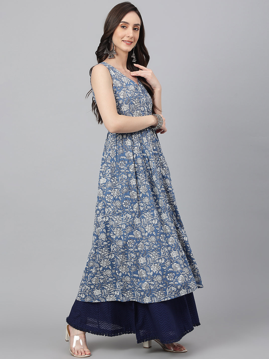 Janasya Women's Blue Cotton Floral Printed Casual Flared Kurta - Swadesiicart