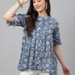 Janasya Women's Blue Cotton Floral Print Flared Top | Swadesiicart
