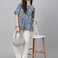 Janasya Women's Blue Cotton Floral Print Flared Top | Swadesiicart