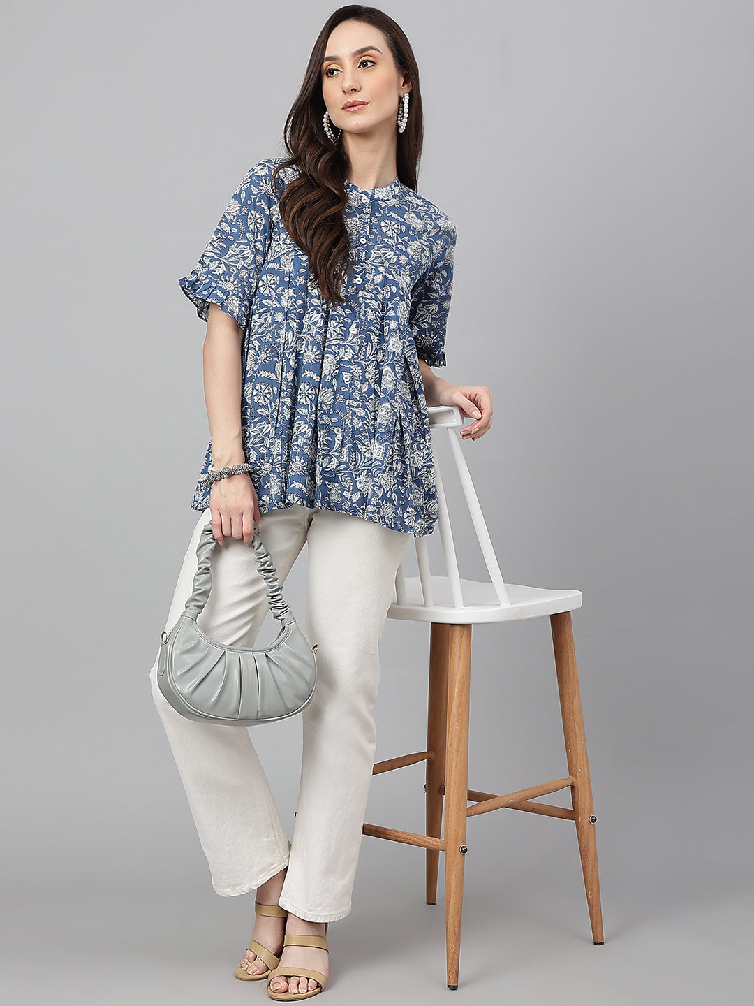 Janasya Women's Blue Cotton Floral Print Flared Top | Swadesiicart