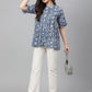 Janasya Women's Blue Cotton Floral Print Flared Top | Swadesiicart