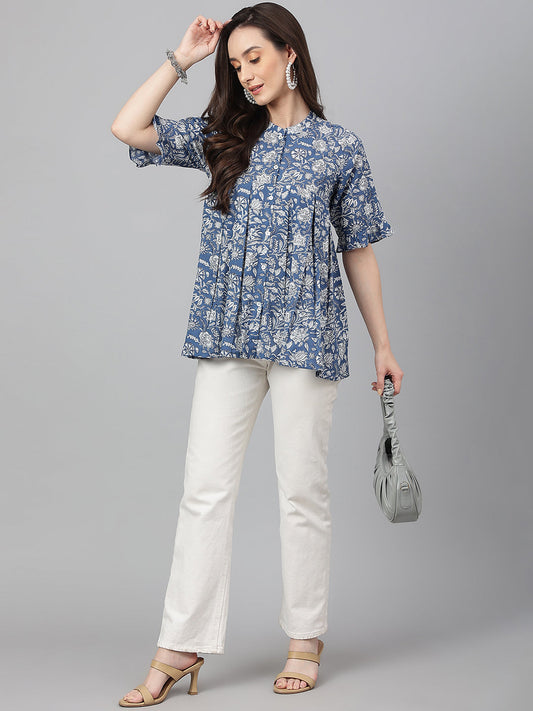 Janasya Women's Blue Cotton Floral Print Flared Top | Swadesiicart