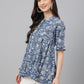 Janasya Women's Blue Cotton Floral Print Flared Top | Swadesiicart