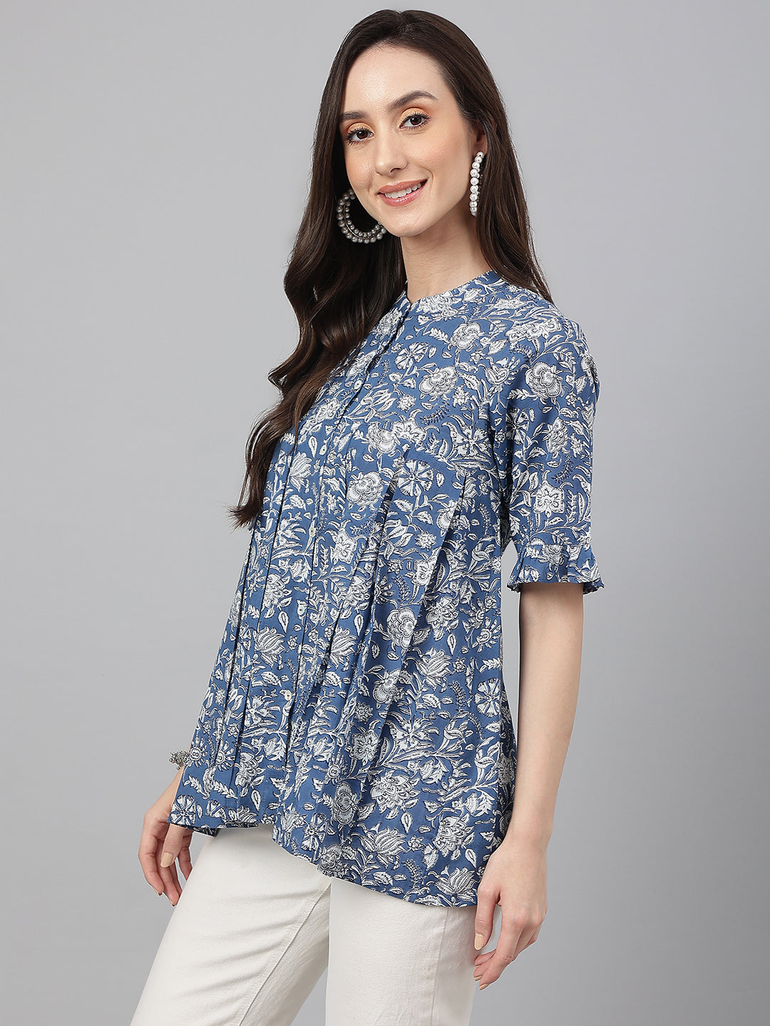 Janasya Women's Blue Cotton Floral Print Flared Top | Swadesiicart